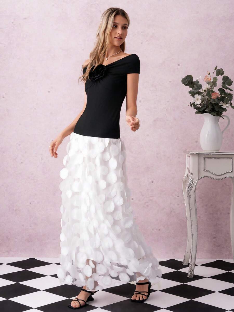 SHEIN Clasi Women's Casual Solid Color 3D Floral Decor Off Shoulder Ruched Top, Mesh Inset Embroidered Polka Dot Fabric Dress - Black - View 1