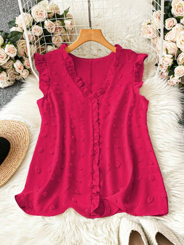 DreamSkyne Plus Size Solid Color V-Neck Sleeveless Ruffled Casual Shirt For Summer