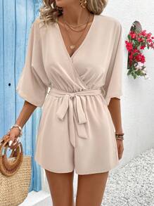 Vivid Eden Mùa hè dành cho nữ cổ chữ V Crisscross Quấn thắt lưng Thắt lưng họa tiết ren hoa Jumpsuit thông thường cho kỳ nghỉ - Màu be - Xem 1