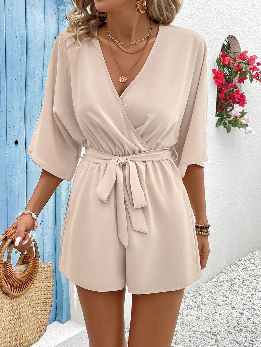 Vivid Eden Mùa hè dành cho nữ cổ chữ V Crisscross Quấn thắt lưng Thắt lưng họa tiết ren hoa Jumpsuit thông thường cho kỳ nghỉ - Màu be - Xem 1