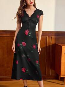 Vintamour 复古优雅女式花卉印花 A 字裙，带蕾丝边，春夏修身短袖连衣裙，婚礼宾客礼服，女士夏季连衣裙，节日服装，毕业礼服，度假服装，女士节日服装，女士生日礼服，女士教师服装，女士夏季连衣裙 - 黑色 - 查看 3