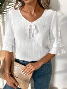 SHEIN PETITE Women's Summer Solid Color Textured Fabric V-Neck Casual Ruffle Sleeve Linen Blouse - White - View 4