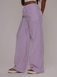 MUSERA 夏季纹理亚麻感系腰长裤度假机场 - 紫丁香色 - 查看 4