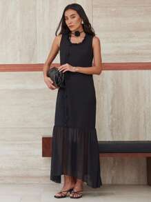 Dazy-Less Falda de tul con dobladillo de cola de sirena para mujer, elegante conjunto de vestido de dos piezas con cinturón de borlas y lazo floral para uso casual, de negocios o de vacaciones