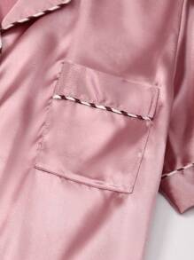 LuxeNights Conjunto de 3 piezas de pijama de seda sintética de unicolor con ribete de contraste y cuello de solapa, para vacaciones