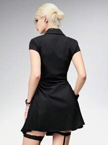 ROMWE Vintage Dark Gothic Sexy V-Neck Drawstring Waist Shirt Dress - Black - View 3