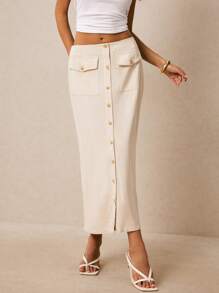 Poéselle Jupe d'été décontractée pour femme, de couleur unie avec fermeture à boutons devant - Nude - Voir 8