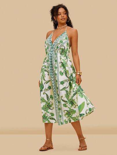 Travachic Plus Size Allover Print Halter Backless Casual Vacation Dress