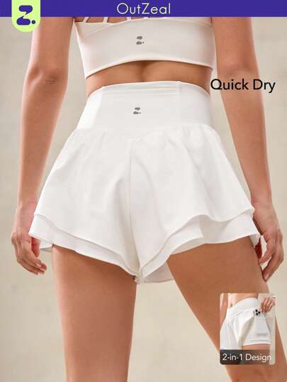 OutZeal 女士健身短裤 白色网球跑步塑形弹力交叉腰带内置口袋运动短裤