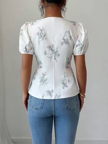 Modelyn 女式杏色浪漫花卉印花撞色蕾丝荷叶边修腰衬衫，短袖 - 杏色 - 查看 2