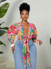 Maweii 大码女式夏季休闲宽松热带花卉印花深 V 领泡泡袖前结短款衬衫