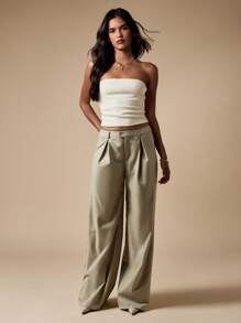 MISSGUIDED Pleated Wide Leg Dress Pants Professional Office Work Trousers Palazzo Style Business Formal Wear - Green - View 3