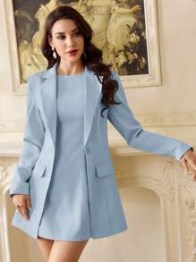 Vintamour 复古优雅女士两件套服装日常商务女士服装专业翻领西装外套和无袖连衣裙商务休闲