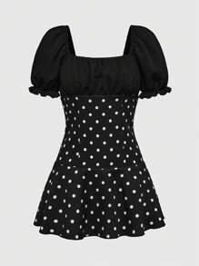 ROMWE Avant Retro Polka Dot Low-Cut Puff Sleeve Fitted Mini Dress, Vacation/Holiday Style - Black - View 2