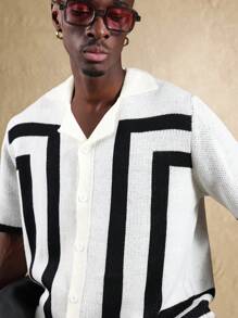 SUMWON Cardigan tricotat contemporan cu nasturi, mânecă scurtă, vară din plasă, ușor, stil Varsity, streetwear, casual, urban, modă - Alb-negru - Vizualizare 4