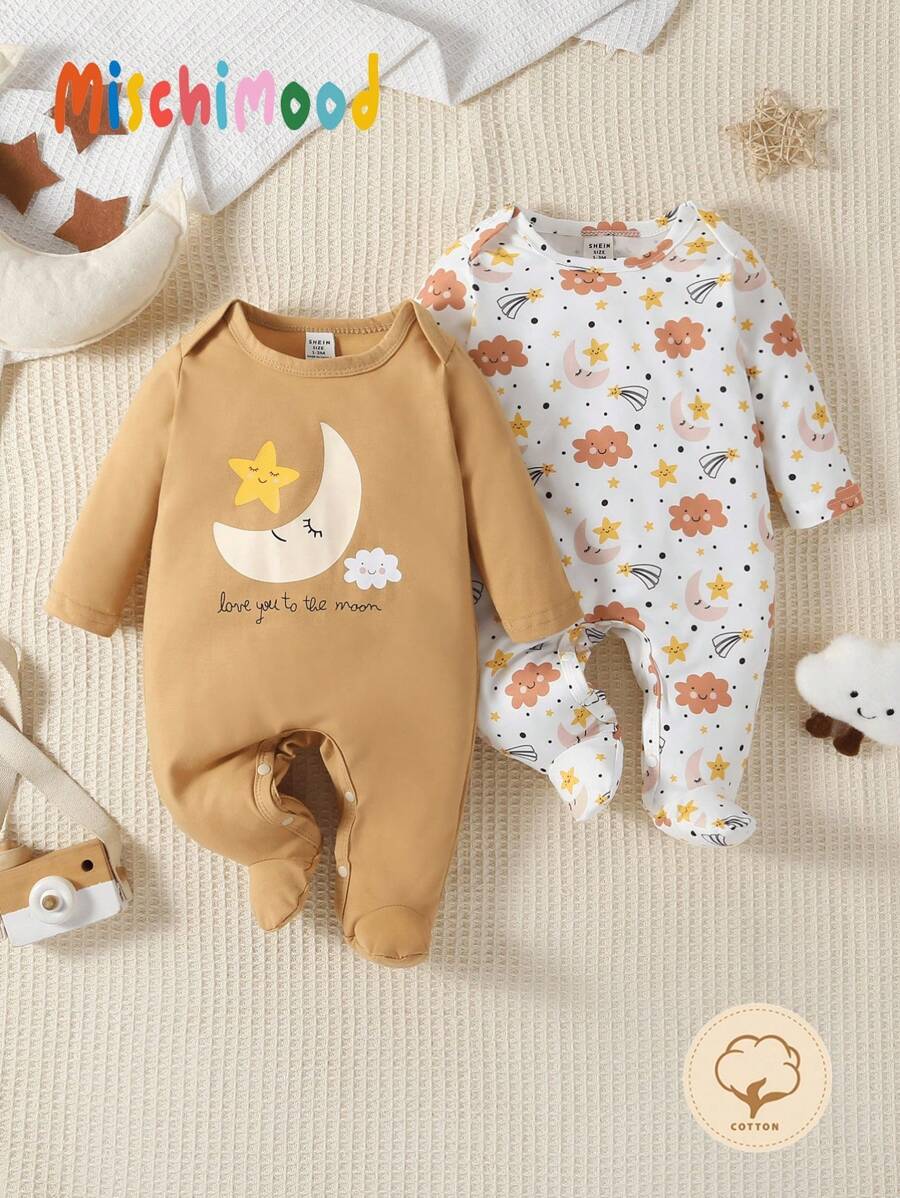 SHEIN 2 件婴幼儿女孩简单可爱星星、月亮、花朵印花长袖连体衣 - 卡其色 - 查看 1