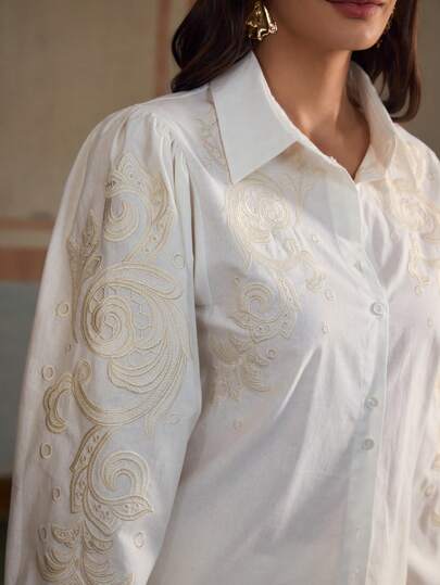 ZEYLAH 100% Cotton 3/4 Sleeve Embroidered Vacation Shirt, Spring/Summer