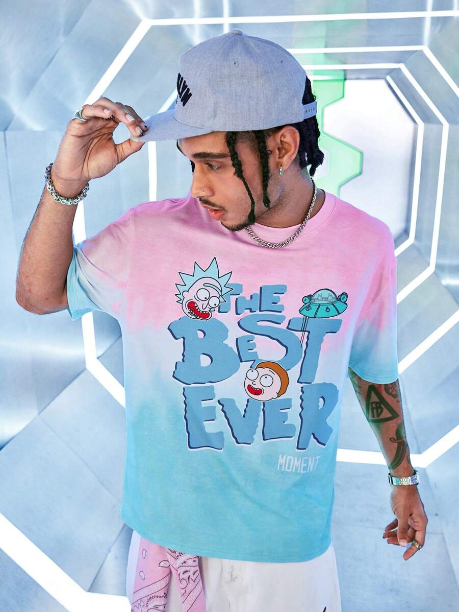 Rick and Morty X SHEIN Men's Summer Casual Interesting Cartoon Figure & Letter Graphic Loose Fit Drop Shoulder T-Shirt - Multicolor - View 1
