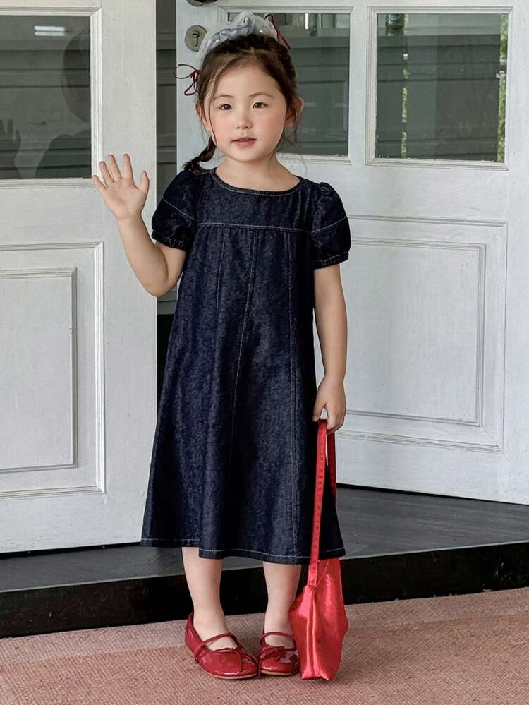 Young Girl Casual Korean-Style Puff Sleeve Loose A-Line Washed Denim Dress, Girls Summer Outfits