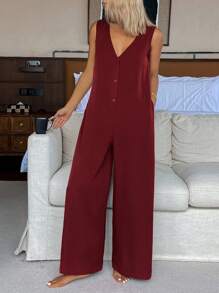 DAZY Mono de mujer de un solo color con cuello en V y sin mangas, ropa de casa informal y holgada