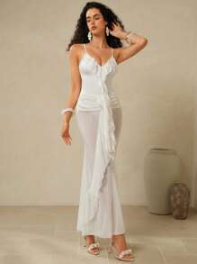 Swim Oasis Conjunto de traje de baño de 2 piezas para mujer con parte superior de tirantes finos con espalda cruzada, busto fruncido, falda transparente con volante en el dobladillo y detalles florales