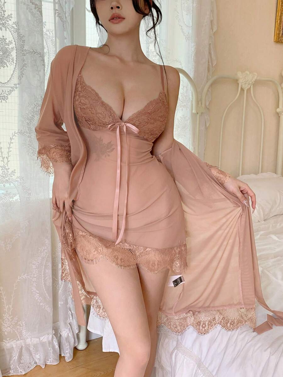 DAZY 2pcs/Set Women's Sexy Mesh And Lace Sleepwear Set, Spring Pajama - Apricot - View 1