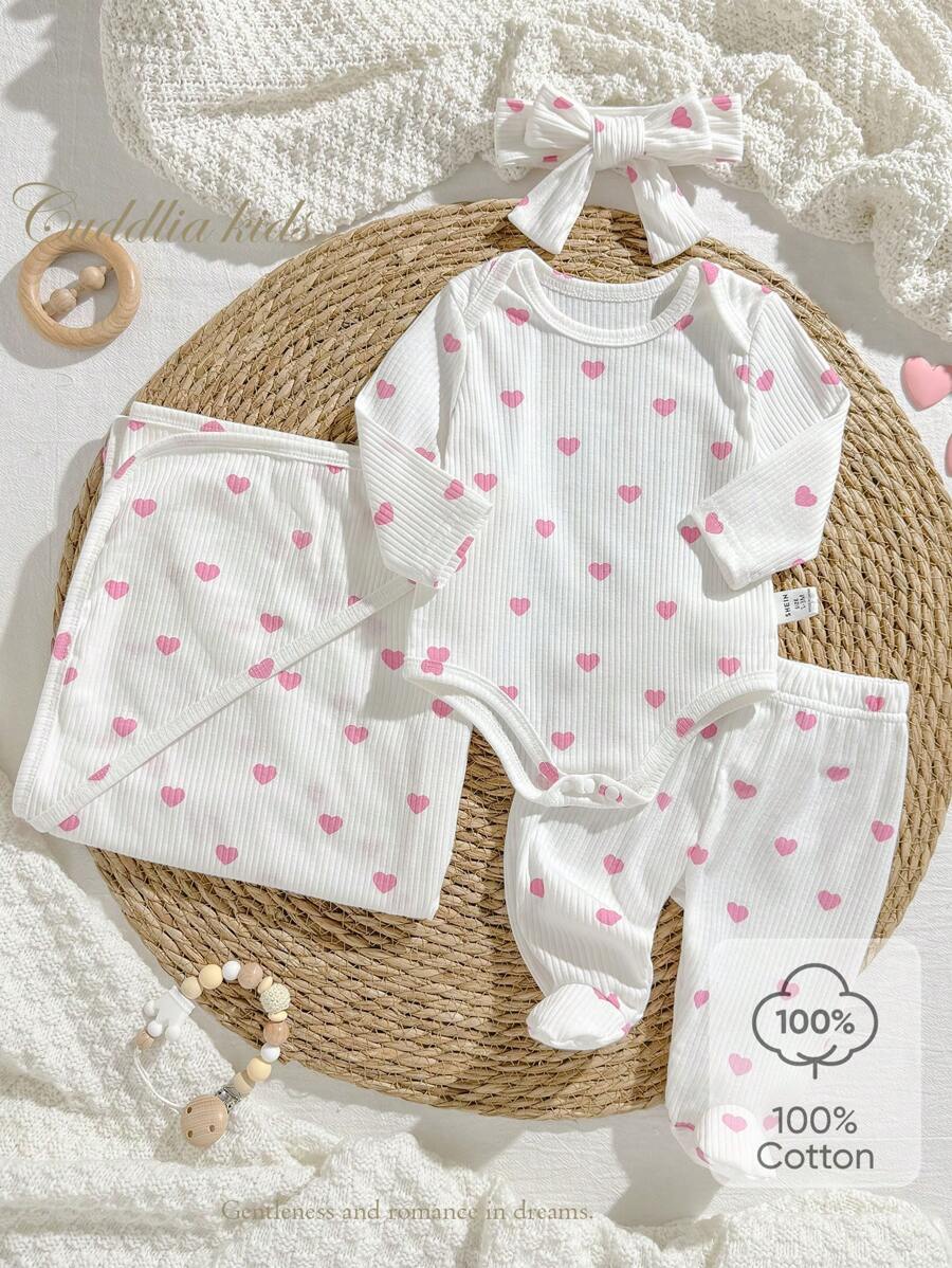 4pcs Set Newborn Soft Cozy White Textured Fabric Cute Heart Print Long Sleeve Romper, Pants, Headband, Baby Wrap Swaddle Sleepwear Set - White - View 1