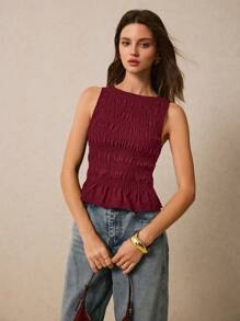 Poéselle 女式夏季纯色褶皱圆领荷叶边下摆时尚吊带背心 - 酒紅色 - 查看 5