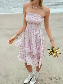 Jouncy Váy Bandeau ren ngắn mini cho nữ, phong cách ngày lễ mùa hè giản dị - Hồng - Xem 3