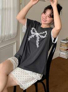 Dazy Plus Bow Decor Round Neck Top + Polka Dot Lace Splice Pants Pajama Set