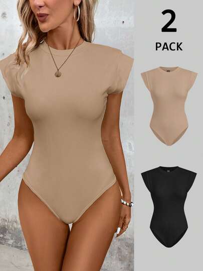 SHEIN LUNE 2pcs/Set Solid Color Casual Fitted Bodysuit For Women, Comfortable For Summer Suitable For Going Out