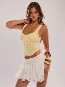 SHEIN BAE Women's Butter Yellow Dress Solid Color Mesh Elegant Sexy Ruffled Trim Slim Camisole, Summer Corset, Butter Yellow Corset,Cute Corset, Vacation Corset