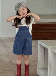 Dazy Kids 年轻女孩休闲水洗韩版可爱做旧宽松牛仔背带裤和连体裤，女孩夏季服装 - 藍色 - 查看 7