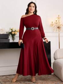 Modelyn Vestido elegante de manga larga con cuello asimétrico y unicolor para mujer de talla grande - Burdeos - Ver 3