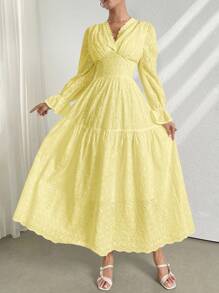 Modelyn 黄色刺绣长袖喇叭女式连衣裙 - 黃色 - 查看 5