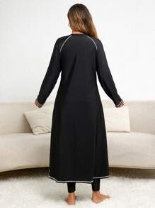 Swim Mulvari Plus Size Colorblock Round Neck Raglan Sleeve Long Sleeve Beach Burkini Top For Summer Beach Vacation - Black - View 2