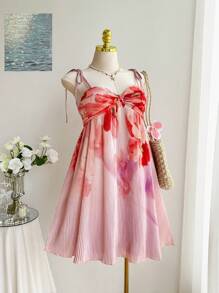 Comfortcana Plus Size Summer Floral Print Pleated Bow-Tied Casual Beach A-Line Cami Dress