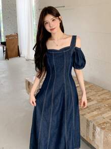 DAZY Women's Spring/Summer Puff Sleeve Denim Dress - Blue - View 5