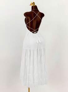 Amplova Spaghetti Strap Triangle Cup Open Back Tied Ruffle Hem A-Line Dress - White - View 1