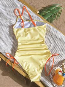 SHEIN Swim Vcay Mono de mujer con estampado floral, corte asimétrico en el hombro y cintura con cordón, traje de baño estilo playa y vacaciones - Multicolor - Ver 5