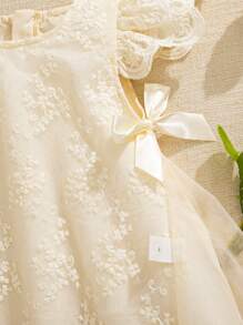 Souflis Souflis Baby Girl Apricot Embroidery Mesh Bow Party Dress, Princess Style Suitable For Birthday, Wedding Toddler Girl Clothes Elegant