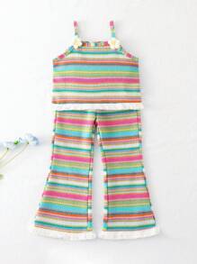 Playful Pals 2pcs/Set Young Girl Casual Colorful Stripe Tassel 3D Floral Decor Camisole & Flare Pants Set, Suitable For Spring/Summer, Outings, Travel, Photography, Parties, And Daily Wear