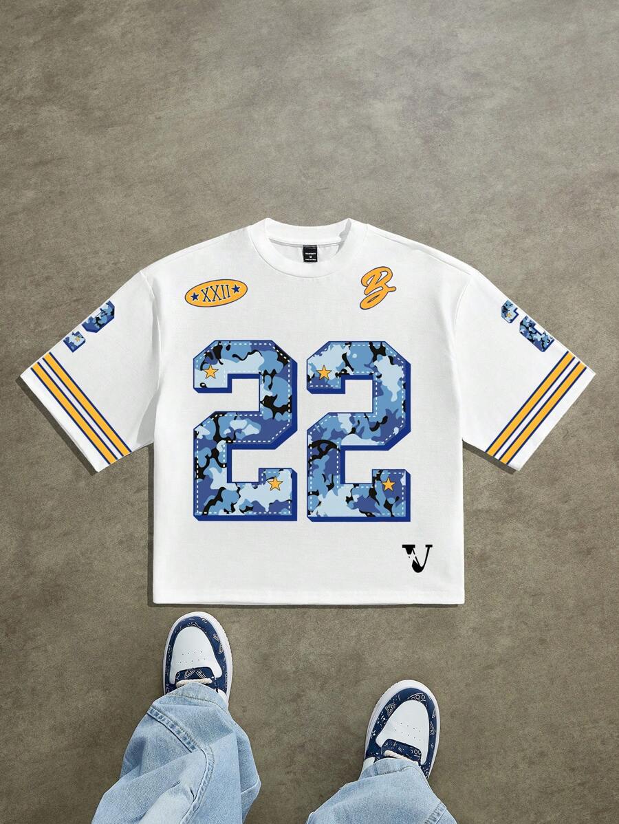 Manfinity ZONE917 Men's Street Style Striped Print Round Neck Loose Cropped T-Shirt, Summer Men's Cropped Tops - White - View 1