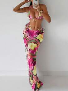 SHEIN Swim 3件套女士印花三角杯细肩带比基尼套装 - 紫色 - 查看 1