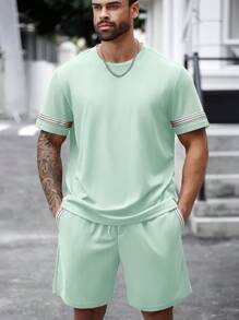 Manfinity Homme Men Plus Size Summer Black And White Striped Woven Belt Round Neck Short Sleeve T-Shirt And Shorts Casual Set,City Break Two Pieces Mocha Outfit - Mint Green - View 3
