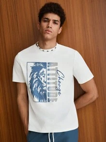 SWAVVY Men Lion & Letter Graphic Tee & Drawstring Waist Trousers - Dusty Blue - View 5