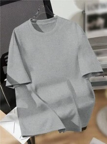 SHEIN Tranh sơn dầu cổ điển thường ngày cho bé trai tuổi teen, họa tiết Fantasia cổ điển, họa tiết ngôi sao trừu tượng ở mặt sau, áo phông cổ tròn tay ngắn tối giản, phù hợp cho mùa hè - Xám - Xem 3