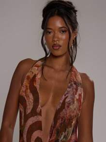 MUSERA Halterneck Cowl Extreme Plunge Front Low Back Floaty Hem Maxi Dress Spring Summer Vacation Holiday Elegant Beachwear Boho Romantic Ibiza Beach Fall Night Out Wedding Guest, Elegant, Date Night