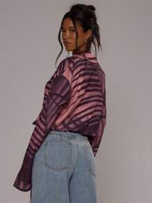 MUSERA Collared Plunge V Neck Chiffon Patterned Wrap Waist Long Sleeve Top Vacation Holiday Elegant Beachwear Boho Romantic Ibiza Occasion Holiday Cute Tops Beachwear Going Out Tops Club  Fall Winter - Pink - View 2