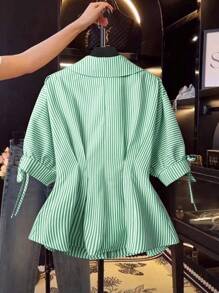 SHEIN LUNE 1pc Elegant Short Sleeve Striped Blouse, Slim Waist Puff Sleeve Top, Suitable For Women - Green - View 2